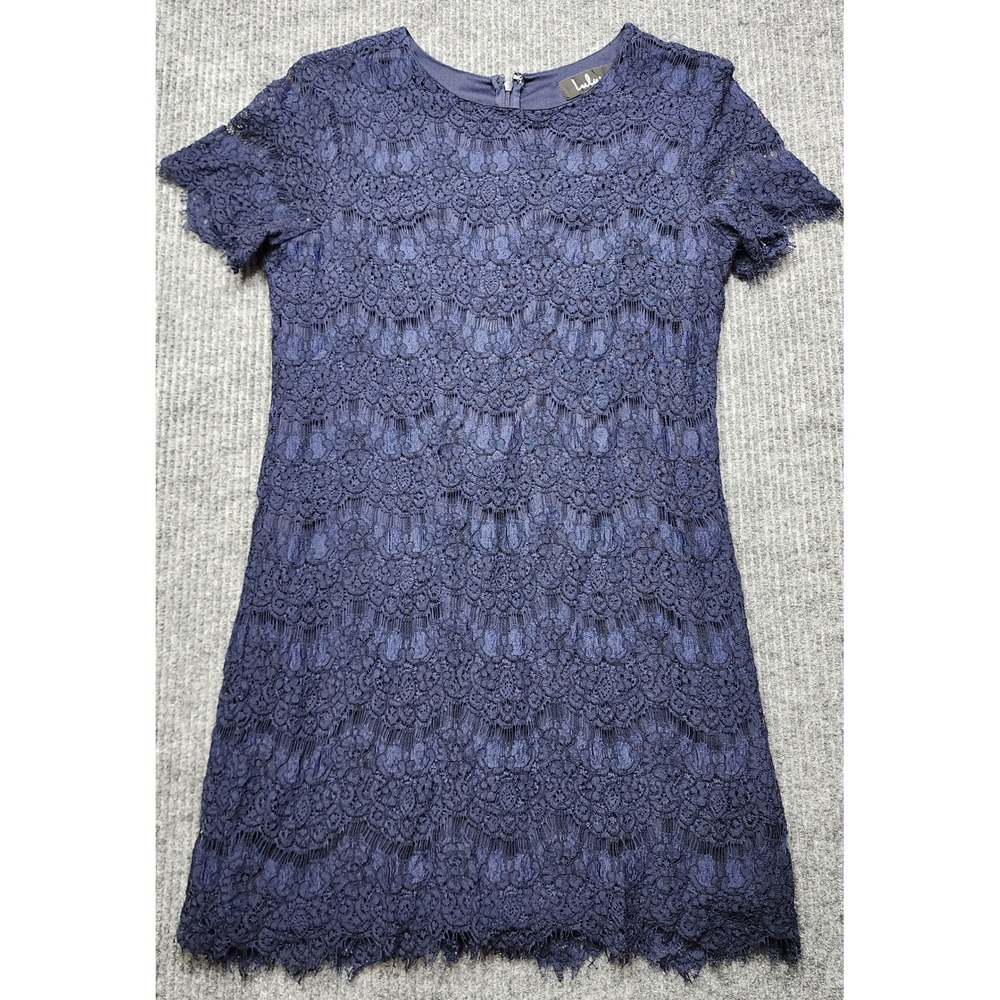 Lulus Navy Blue Lace Shift Dress Short Sleeve Eyelash Hem Size M Cocktail Party
